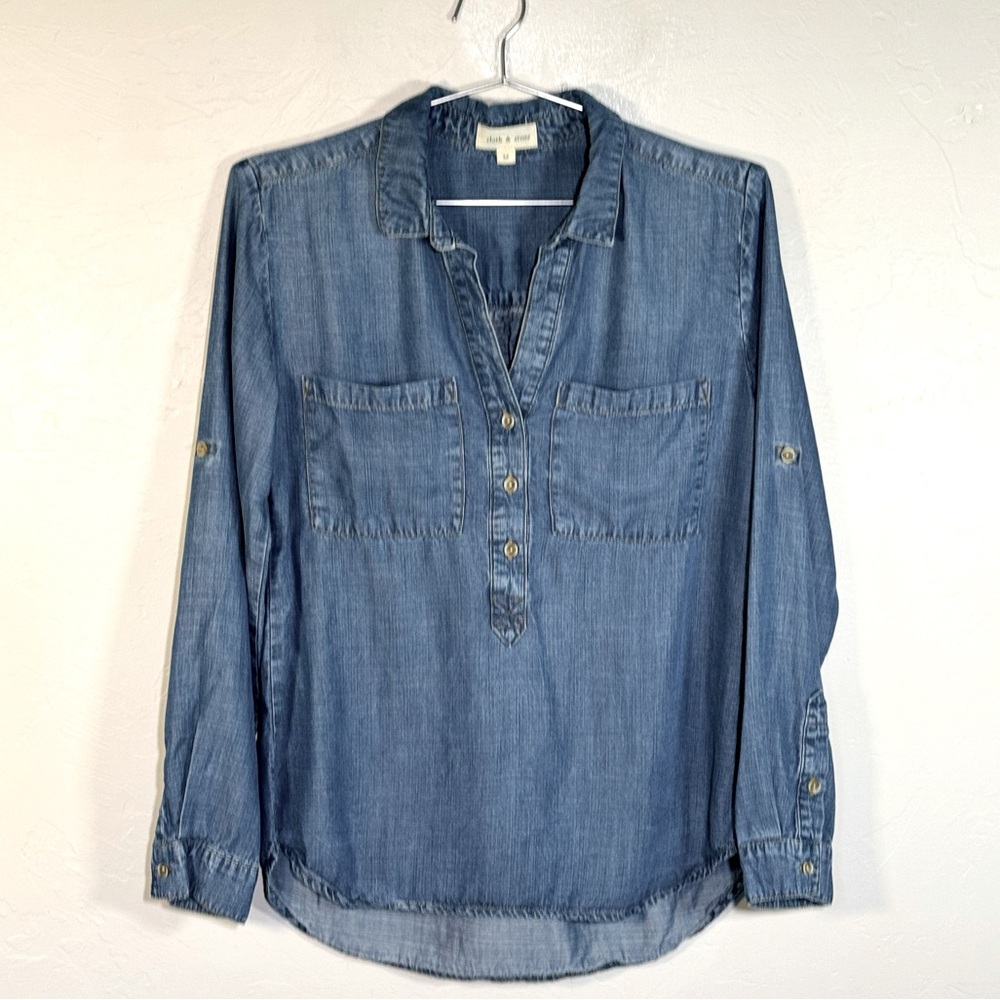 Cloth and Stone Anthropologie Denim Chambray V Neck Popover Shirt Blouse